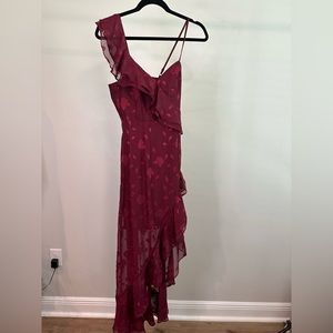 Burgundy Floral Jacquard Ruffled Maxi Dress